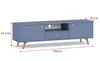 A blue TV lowboard with wooden legs, shown with dimensions indicated by red lines and text. Produktbild-Vorschau