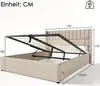 A beige upholstered bed frame with the mattress support system open, revealing storage space underneath. Dimensions are indicated with measurement lines and numbers. Produktbild-Vorschau