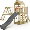 A wooden playground set with a slide, swings, climbing wall, and sandpit, presented against a white background. Náhľad obrázku produktu