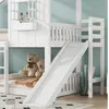 A white bunk bed with a slide, two teddy bears, and decorative elements in a child's room. Produktbild-Vorschau