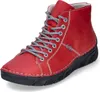A red leather boot with gray laces and a black sole is shown against a white background. Produktbild-Vorschau