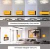 Collage showing different light temperatures and brightness levels of a ceiling lamp, and then a living room scene with varying light levels. Produktbild-Vorschau