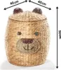 A woven basket shaped like a bear's head, with dimensions indicated by arrows and text. Produktbild-Vorschau