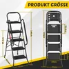 Two views of a black folding step ladder with dimensions indicated by dashed lines and text labels. Anteprima dell’immagine prodotto