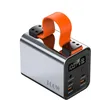 A silver power bank with an orange handle and a digital display showing battery percentage and time. Produktbild-Vorschau