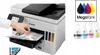 A hand is shown inserting paper into a Canon MAXIFY GX 7050 Multifunktionsdrucker, with ink bottles and a MegaTank logo displayed to the right. Produktbild-Vorschau