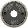 A close-up, front-facing view of a metal nut with text and directional arrows. Produktbild-Vorschau