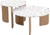 A set of two round coffee tables with terrazzo-style tops and wooden legs. Voir les images du produit