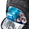Close-up view of the inside of a rucksack, showing a blue lunchbox, two cans of soda, and insulated lining. Produktbild-Vorschau