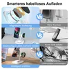 Collage of images comparing wireless charging with older methods and showing different charging scenarios. Produktbild-Vorschau