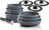 A set of cookware, including pots, pans, lids, and a detachable handle, arranged on a white background. Voir les images du produit