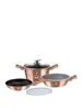 A set of copper-colored pots and pans with black interiors and glass lids, arranged on a white background. Podgląd zdjęcia produktu