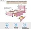 A diagram showing the dimensions of a pink bed frame with drawers, along with icons representing capacity, included tools, and assembly time. Produktbild-Vorschau
