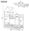 A diagram showing the dimensions of a white bunk bed with drawers and a house-shaped frame. Náhled obrázku produktu