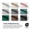 A grid of fabric swatches in different colors, each labeled with its name, and a descriptive text block below. Produktbild-Vorschau
