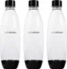 Three clear SodaStream bottles with black bases and caps are arranged side-by-side against a white background. Produktbild-Vorschau