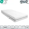 A white mattress with gray trim is shown on a white background. Several icons and text labels are displayed below the mattress. Produktbild-Vorschau