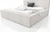 A beige upholstered bed with a mattress and pillows on a white background. Produktbild-Vorschau