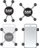 A collage of four images showing RAM MOUNTS X-Grip phone holders. The top two show the holder mechanism, and the bottom two show it with a phone. Náhled obrázku produktu