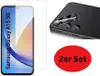 A split image showing a screen protector on the left and the back of a phone with a camera lens protector on the right, with a red circle containing text at the bottom. Produktbild-Vorschau