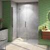 A modern bathroom with a walk-in shower, green textured walls, and a wooden vanity. Produktbild-Vorschau