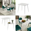 A collage of images showing a white dining table with teal chairs in different settings. Náhľad obrázku produktu