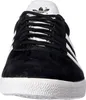 A front view of a black Adidas Gazelle sneaker with white accents and laces. Produktbild-Vorschau