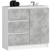 A white and concrete-effect dresser with three drawers and one door, shown from the front.
