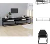 A black TV stand with multiple shelves is shown in a room with a TV mounted on the wall. Podgląd zdjęcia produktu
