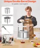 A man is using a juice press in a kitchen setting, with product feature callouts. Voir les images du produit