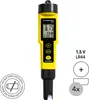 A yellow and black digital pH tester with a digital display and buttons, shown against a white background. Text and icons related to battery information and product specifications are also present. Produktbild-Vorschau
