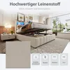 A bedroom scene featuring a bed with storage, accompanied by text and icons highlighting its features. Produktbild-Vorschau