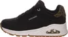 A side view of a black Skechers sneaker with leopard print detailing on the heel. Voir les images du produit