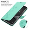 A turquoise phone case with a floral pattern is shown open, revealing a smartphone screen. Text describing the magnetic closure feature is present. Náhľad obrázku produktu