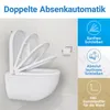 A white toilet with its lid and seat in motion, indicating a soft-close feature, set against a white tiled wall. To the right are informational graphics and text. Produktbild-Vorschau