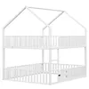 A white wooden bunk bed with a house-shaped frame and a fence around the bottom level. Voir les images du produit