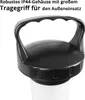 Close-up of the top of a white cylindrical product with a black handle and lid. Produktbild-Vorschau
