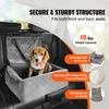 A dog is sitting in a car seat designed for pets, which is placed on the back seat of a car. The image highlights the features of the car seat. Náhled obrázku produktu