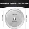 A close-up image of a round metal mesh filter for a French press coffee maker, with dimensions and compatibility information overlaid. Produktbild-Vorschau