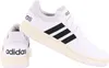 A pair of white Adidas Hoop 3.0 sneakers with black stripes and cream-colored soles, shown from a slightly angled side view and a rear view. Anteprima dell’immagine prodotto