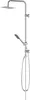 A minimalist shower set with a rain shower head and a handheld shower head on a vertical pole. Produktbild-Vorschau
