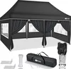 A black pop-up gazebo with side walls and windows, displayed with its accessories. Produktbild-Vorschau