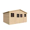 A wooden garden shed with double doors and windows, presented on a white background. Voir les images du produit
