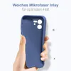 A hand holding a blue phone case against a white background with text overlay. Produktbild-Vorschau