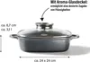 A gray serving pan with a glass lid is shown from the side, with dimensions and feature callouts. Anteprima dell’immagine prodotto