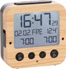 A digital alarm clock with a wood-grain finish. Produktbild-Vorschau