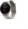 A smartwatch with a silver casing and a gray strap is shown against a white background. Produktbild-Vorschau