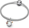 A silver Pandora charm bracelet with a dangling charm featuring a white opal sphere and two small figures. Voir les images du produit