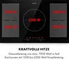 A black induction cooktop with red text indicating power levels and a brand logo. Produktbild-Vorschau