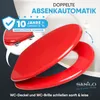 A red toilet seat and lid are displayed prominently, with marketing text and a warranty badge. Náhled obrázku produktu